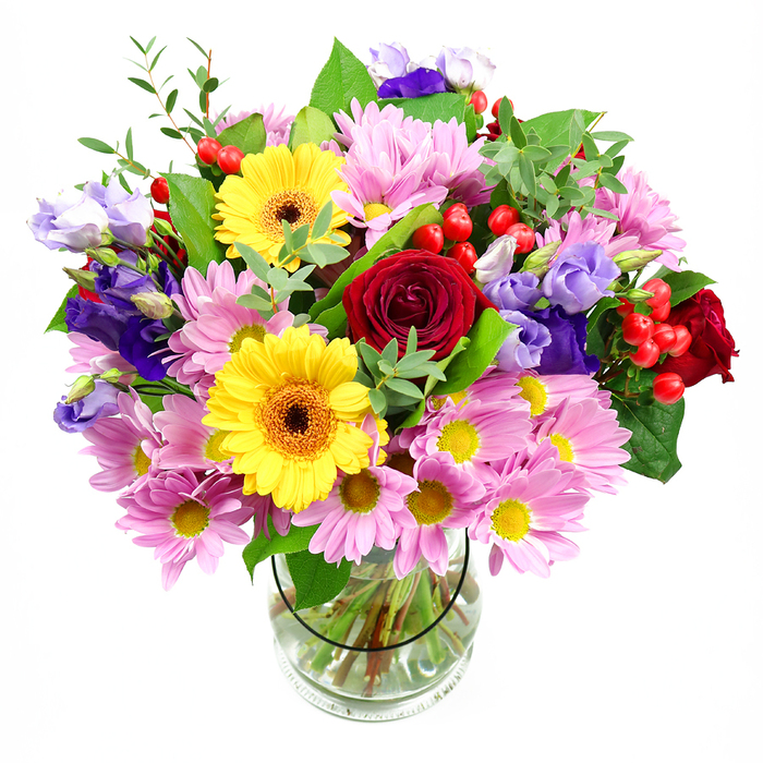 A vibrant mixed bouquet is captured here in a clear glass vase, set against a simple white background that allows every flower to take centre stage, as if it were a colourful highlight amid the brickwork and cafés of Islington. Deep red roses form the emotional core of the arrangement, each bloom layered with velvety petals that spiral inward, suggesting timeless romance and heartfelt sentiment. Nearby, two golden yellow gerbera daisies stand tall and open, their broad, even petals circling dark brown-orange centres that lend a hint of earthiness to their sunny faces. Surrounding these focal flowers, soft pink daisies or chrysanthemums spread outward in generous clusters, each small bloom with many slender petals and a bright yellow centre, creating a soft, cloud-like effect that lightens the entire composition. Interlaced among the pinks and reds, purple and lavender lisianthus stems add elegant height and cool-toned contrast, their bell-shaped flowers and partially furled buds bringing a sense of motion and delicacy. Dotting the arrangement, shiny red hypericum berries nestle among the foliage, their rounded forms catching the light and offering a playful, almost festive touch. The bouquet is cradled in layers of greenery, from broad, darker leaves to finer, pale-green shoots that extend like gentle brushstrokes, lending a fresh, garden-inspired feel reminiscent of a peaceful corner in Highbury Fields. The transparent vase reveals straight, well-trimmed stems resting in clear water, a sign of professional preparation and care. The overall impression is one of joyful abundance and refined design, ideal for an anniversary dinner near Angel, a congratulatory surprise, or simply brightening an Islington living room with colour and life.
